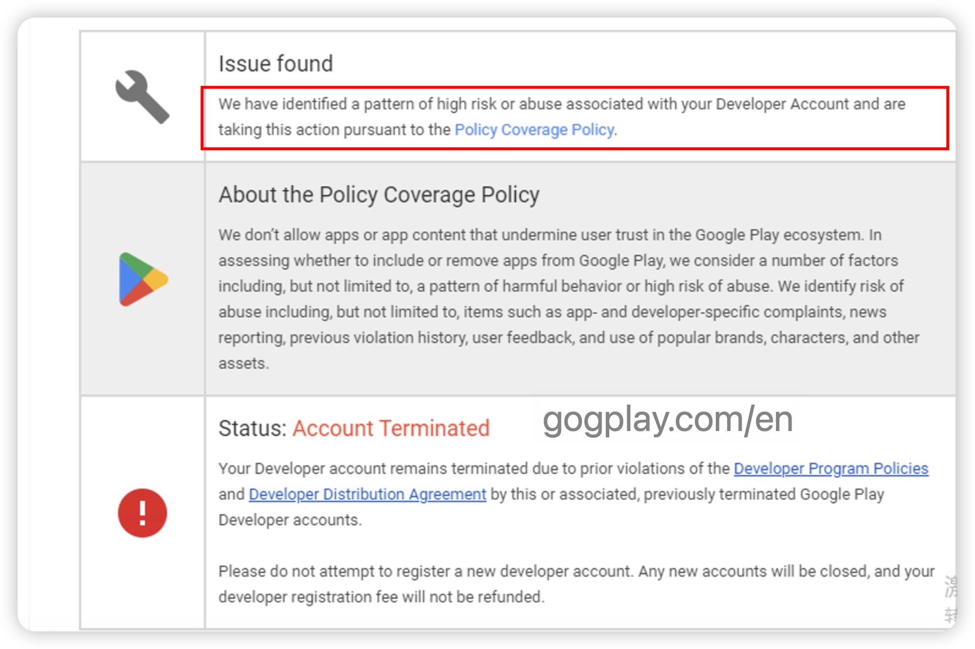 Google Play 我们发现了与您的开发者账户相关的高风险或滥用模式-GG联盟挑战